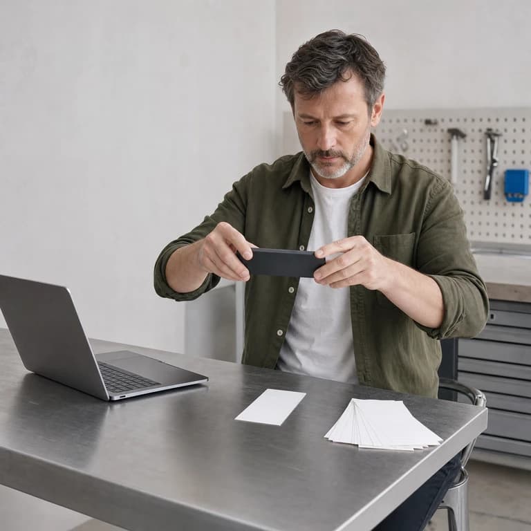 An illustration of Daniel: a man in his late forties sitting at a steel workbench, holding his phone level above a single receipt slip to photograph it, with an open laptop at the end of the bench and more slips fanned beside him.