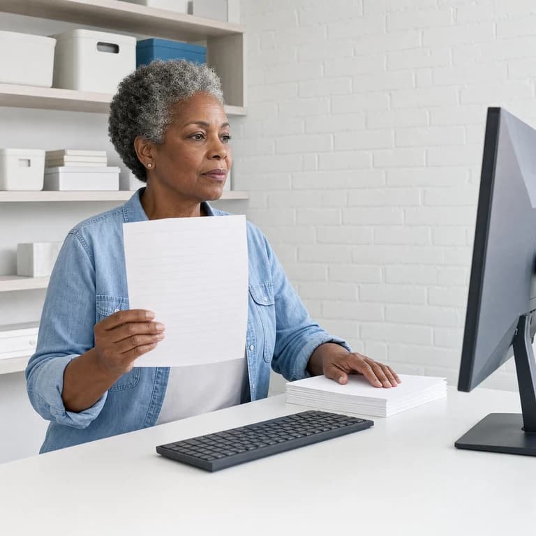 An illustration of Maria: a woman in her late fifties sitting upright at her desktop computer, holding one ruled statement sheet up at chest height while her other hand rests on a squared stack beside the keyboard.