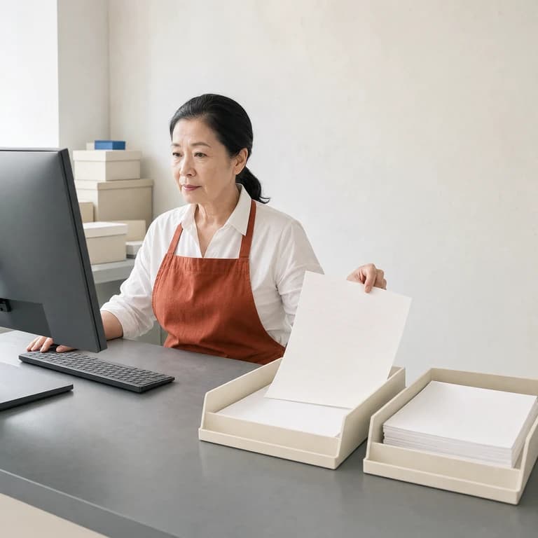 An illustration of Renee: a woman in her early sixties sitting upright at her computer, lifting one ruled sheet clear of the nearer of two paper trays on the worktable, her other hand resting beside the keyboard.
