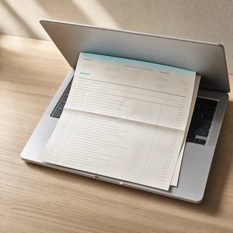 A multi-page bank statement, still creased from the post, lying open across the keyboard of an open laptop whose screen is turned away, its printed transaction rows set out in date, description and amount columns.