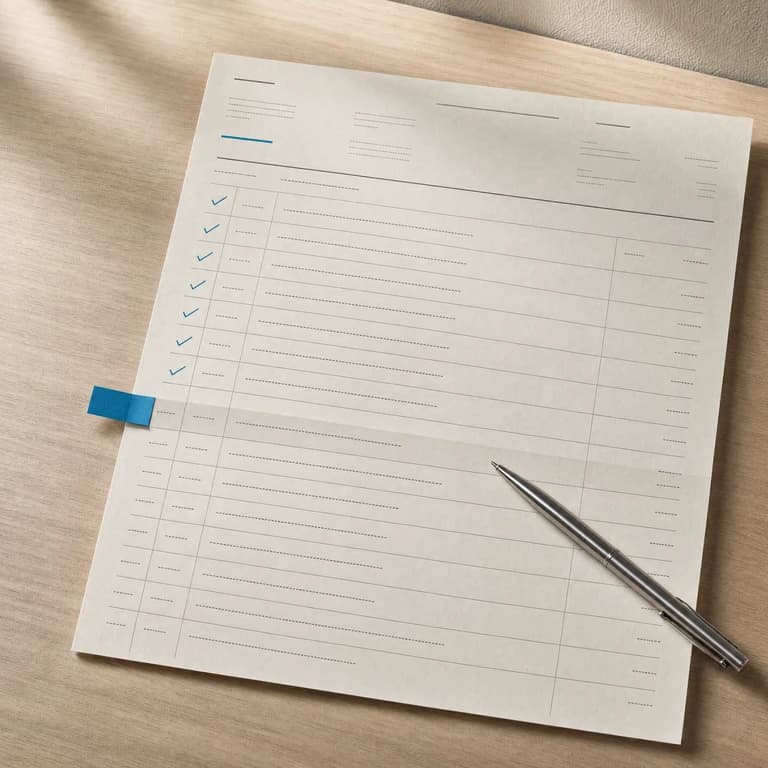 The same bank statement lying flat on the desk, several transaction rows ticked in the left margin and one row singled out by a small teal index tab, with a pen resting beside it.