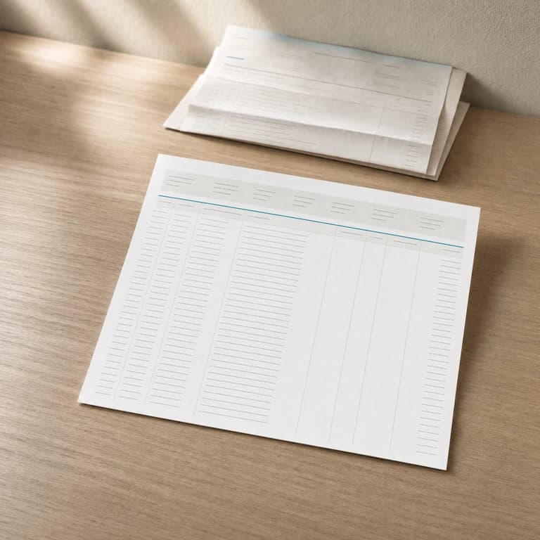 A freshly printed, uncreased list of reviewed transactions squared on the desk in even ruled columns, with the creased original bank statement pushed away behind it.