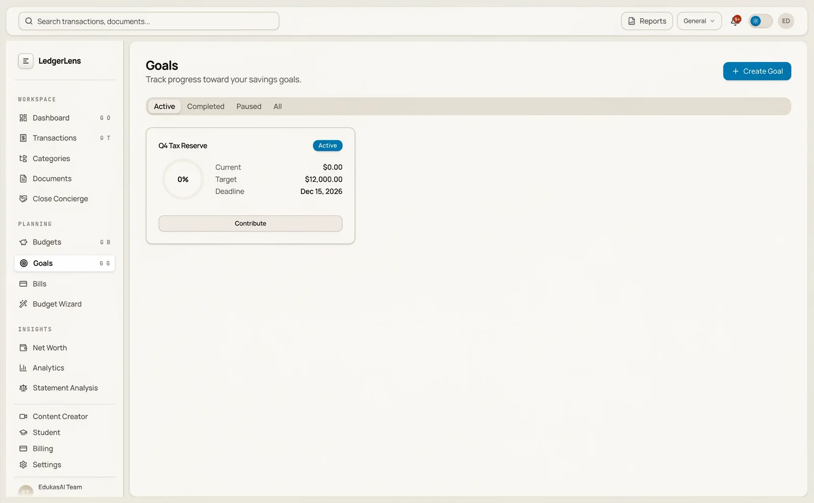 LedgerLens in use: parsed statements, the triage queue, and cash-flow analytics.